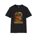 Happy Prehistoric Thanksgiving T-Rex Chef T-Shirt - Funny Dinosaur Turkey Day Cooking Holiday Kitchen Volcano Tee