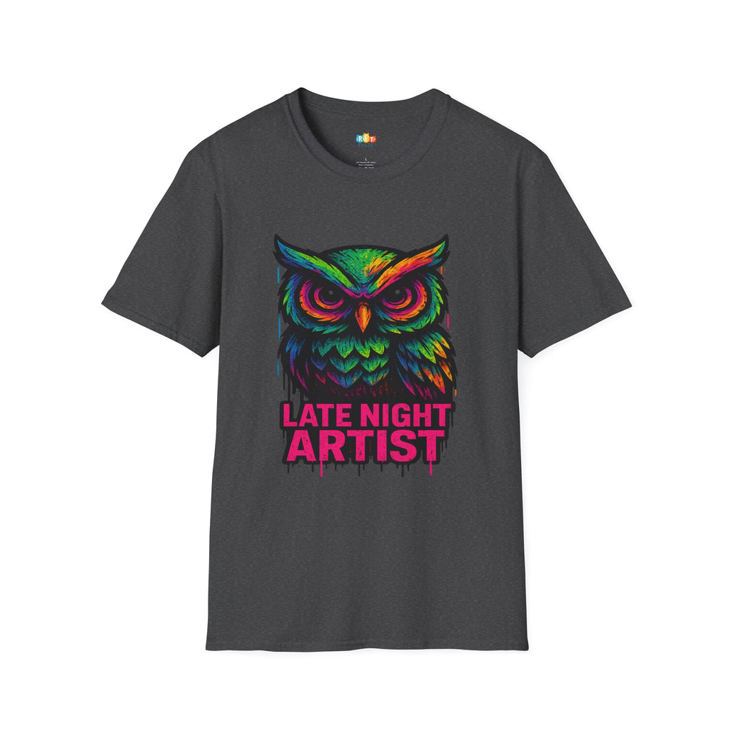 Late Night Artist Owl T-Shirt - Funny Rainbow Paint Splatter Creative Night Owl Graffiti Art Graphic Tee