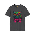 Late Night Artist Owl T-Shirt - Funny Rainbow Paint Splatter Creative Night Owl Graffiti Art Graphic Tee