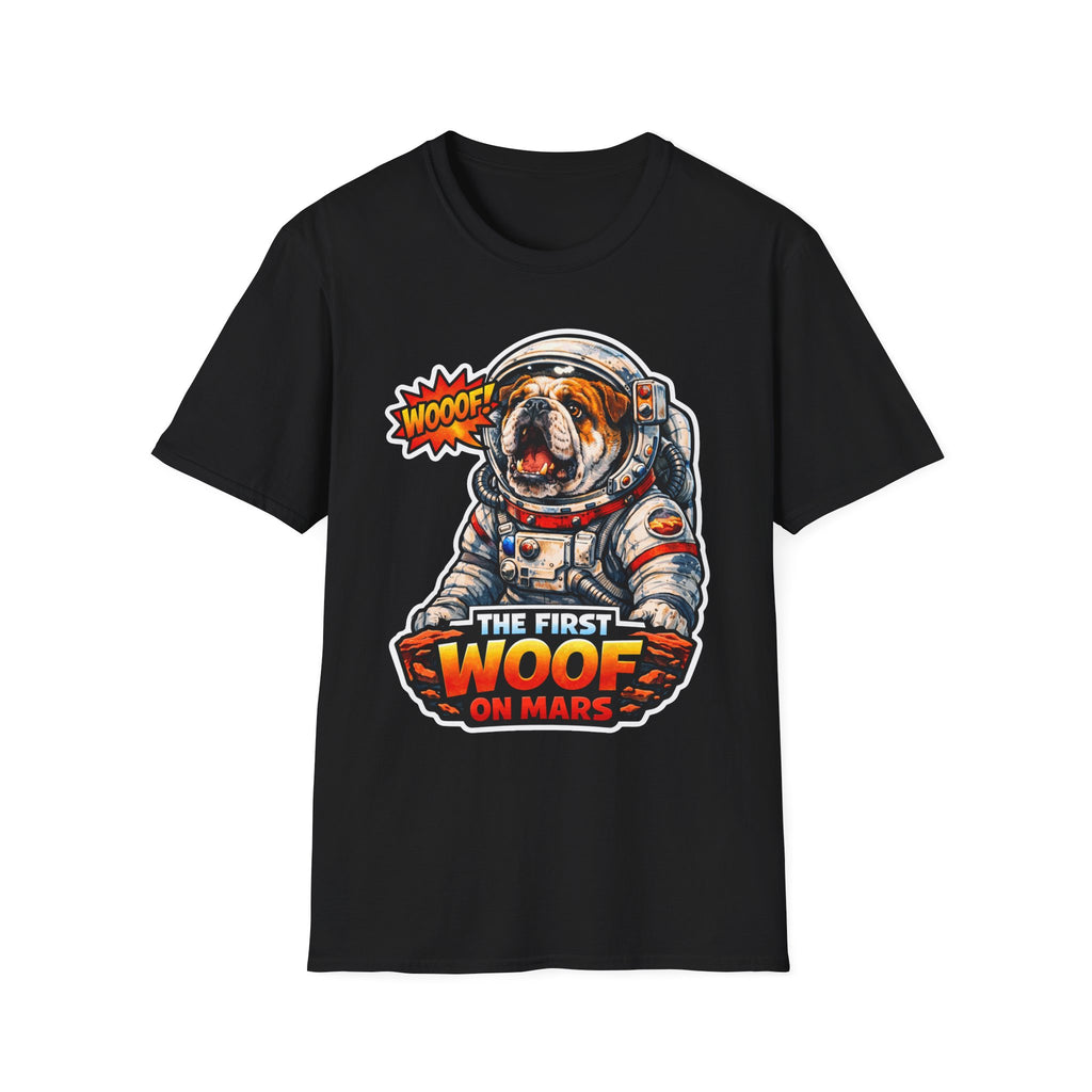 The First Woof on Mars Funny English Bulldog Astronaut T-Shirt | Cosmic Encounters Collection by PetPulse