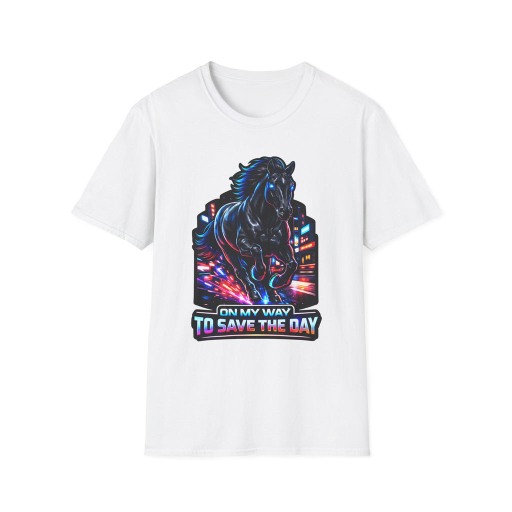 On My Way to Save the Day Action Hero Horse T-Shirt | Neon Black Stallion Superhero Graphic Tee | Mane Event Collection by PetPulse