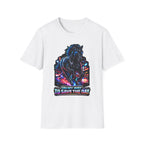 On My Way to Save the Day Action Hero Horse T-Shirt | Neon Black Stallion Superhero Graphic Tee | Mane Event Collection by PetPulse
