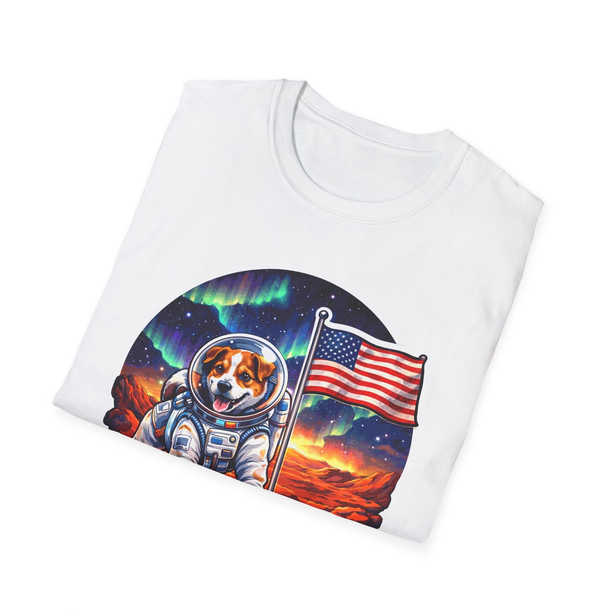 I Dig Mars Funny Dog Astronaut with American Flag T-Shirt | Cosmic Encounters Collection by PetPulse