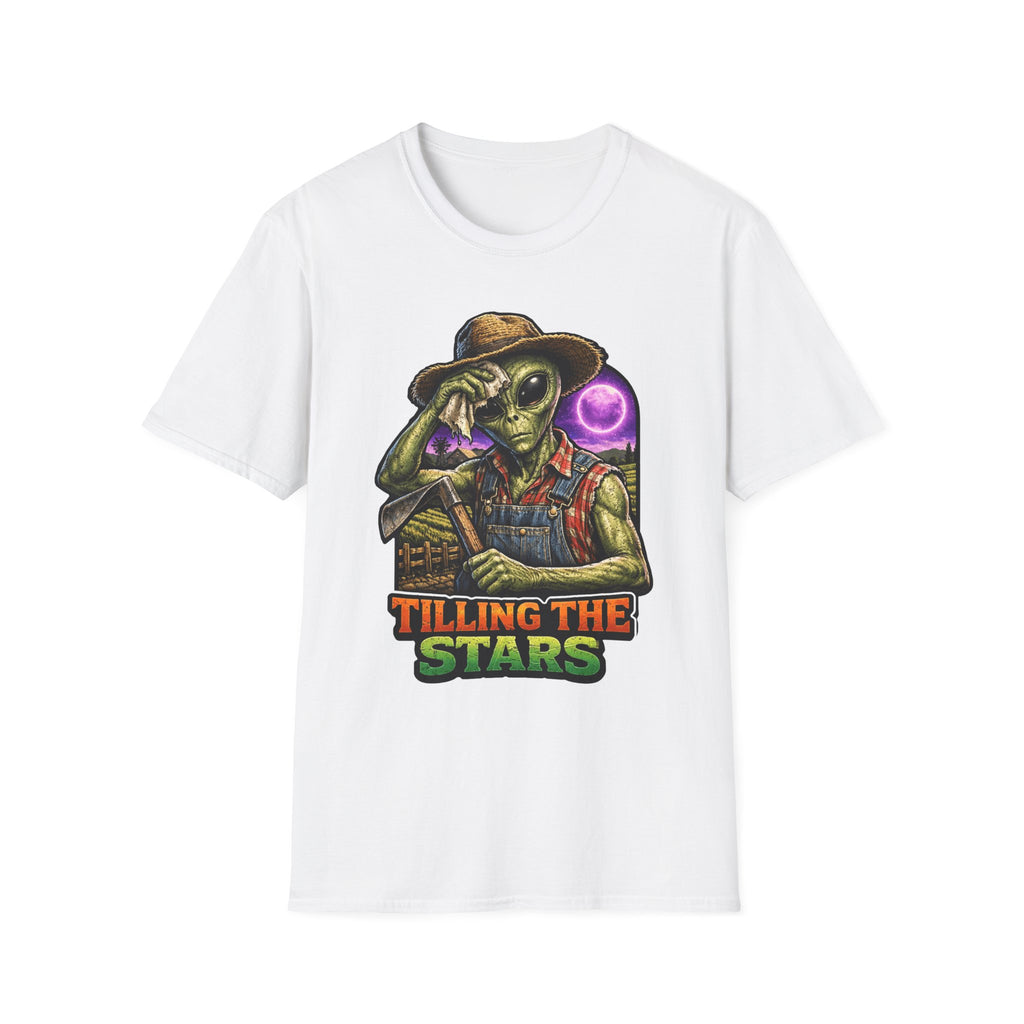 Tilling the Stars Funny Alien Farmer T-Shirt | Cosmic Encounters Collection by PetPulse