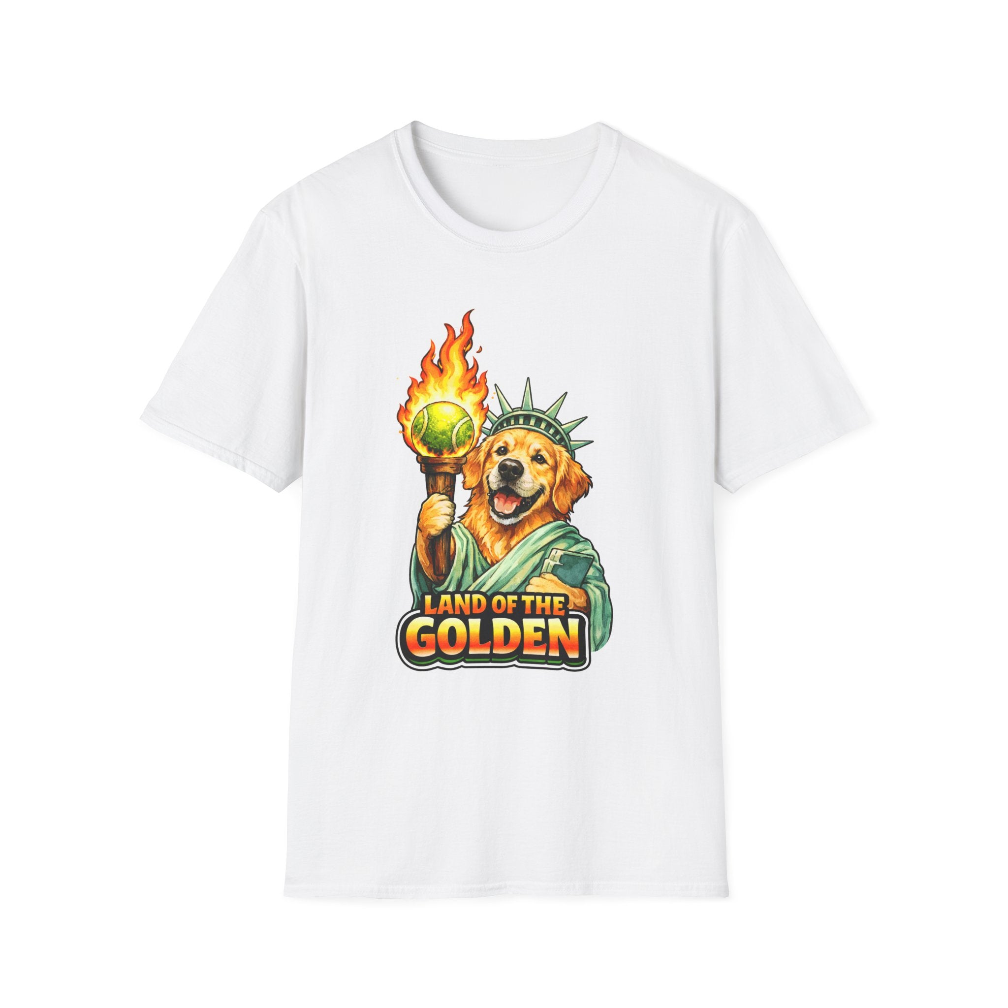 Land of the Golden Funny Golden Retriever Statue of Liberty T-Shirt | Lady Liberty Pups Collection by PetPulse