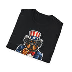 Lead The Pack Funny Uncle Sam Rottweiler T-Shirt | Patriotic Rottie in Top Hat and Suit Graphic Tee | Uncle Sam Pups