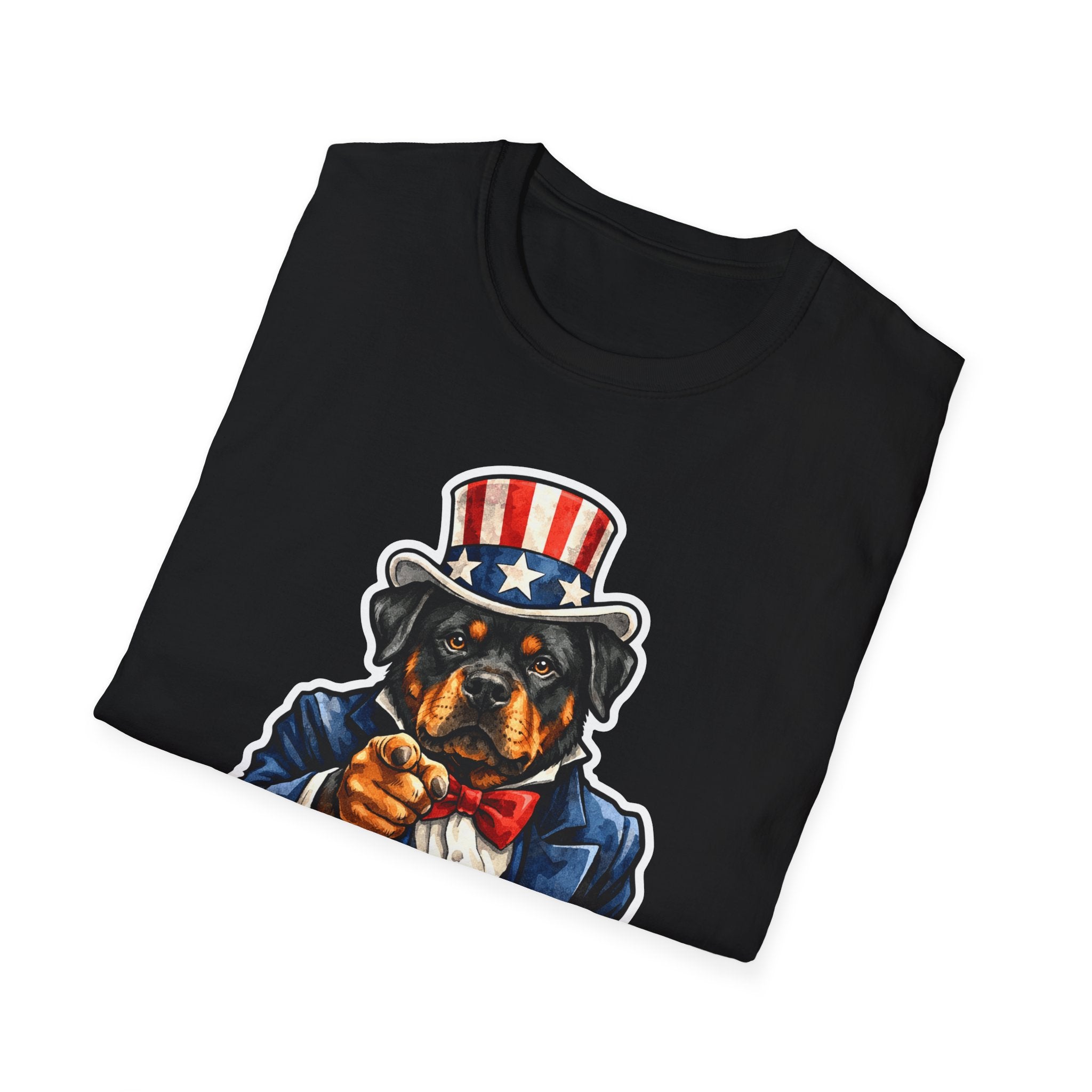 Lead The Pack Funny Uncle Sam Rottweiler T-Shirt | Patriotic Rottie in Top Hat and Suit Graphic Tee | Uncle Sam Pups