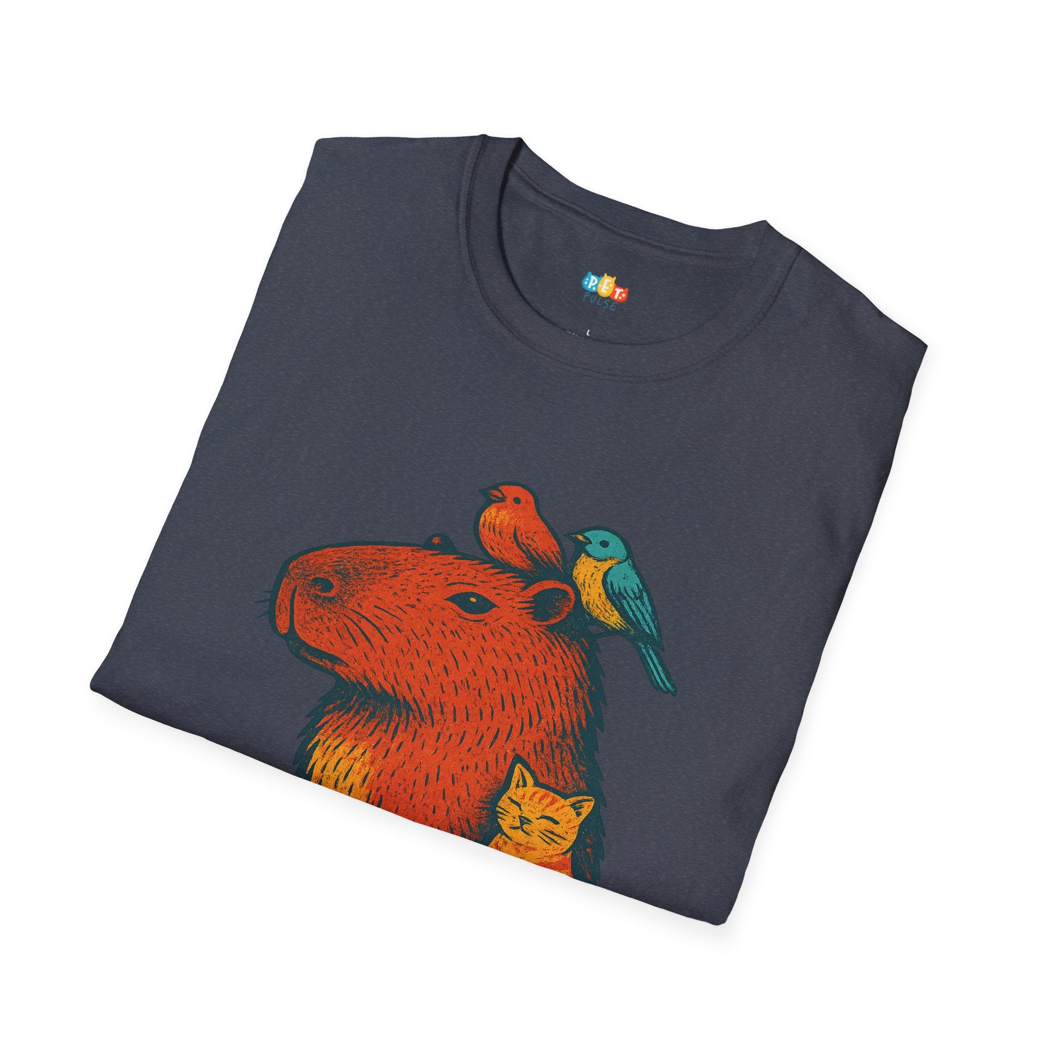 Unbothered Capybara With Cat And Birds T-Shirt - Funny Chill Animal Friendship Zen Vibes Graphic Tee