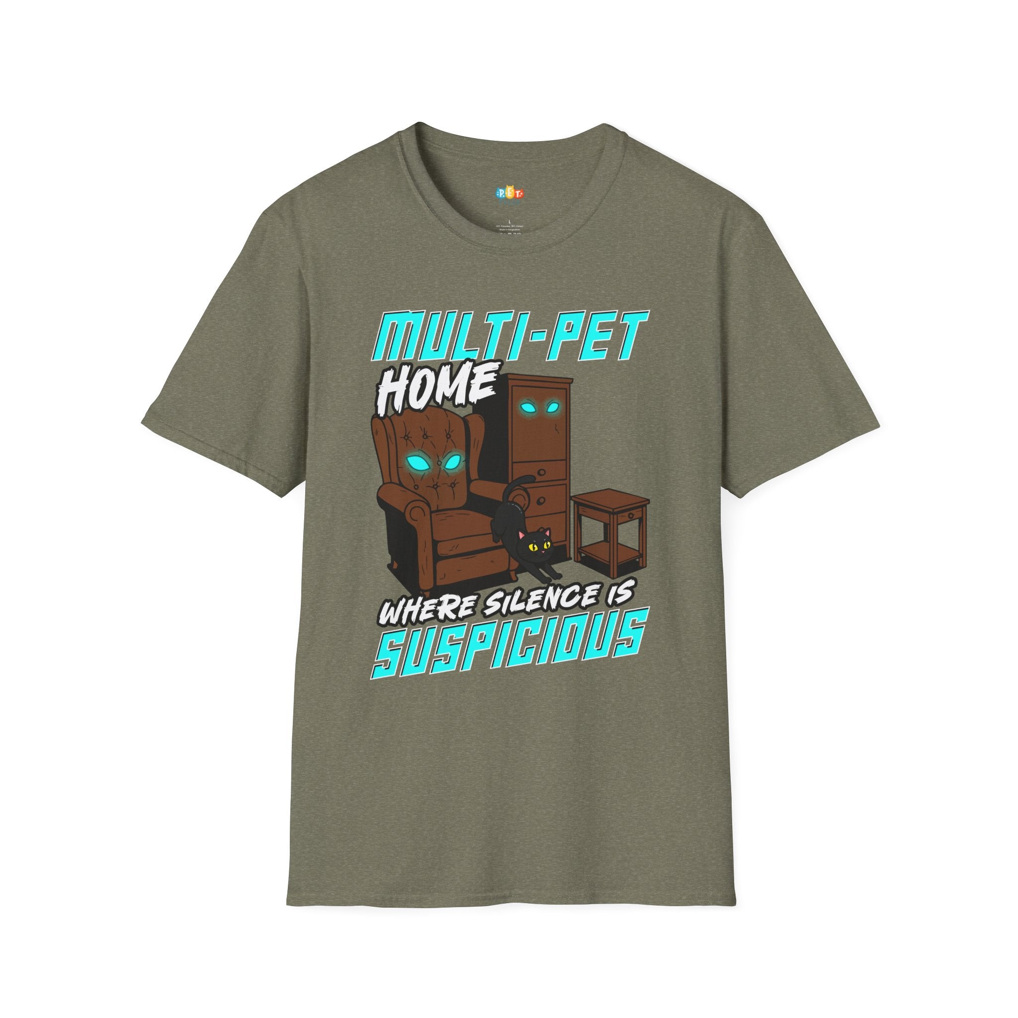 Multi Pet Home Where Silence Is Suspicious T-Shirt - Funny Pet Parent Chaos Warning Sign Humor Tee