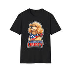 A Treat for Liberty Patriotic Poodle T-Shirt | Apricot Poodle Balancing Biscuit American Flag Bandana Graphic Tee | Uncle Sam Pups