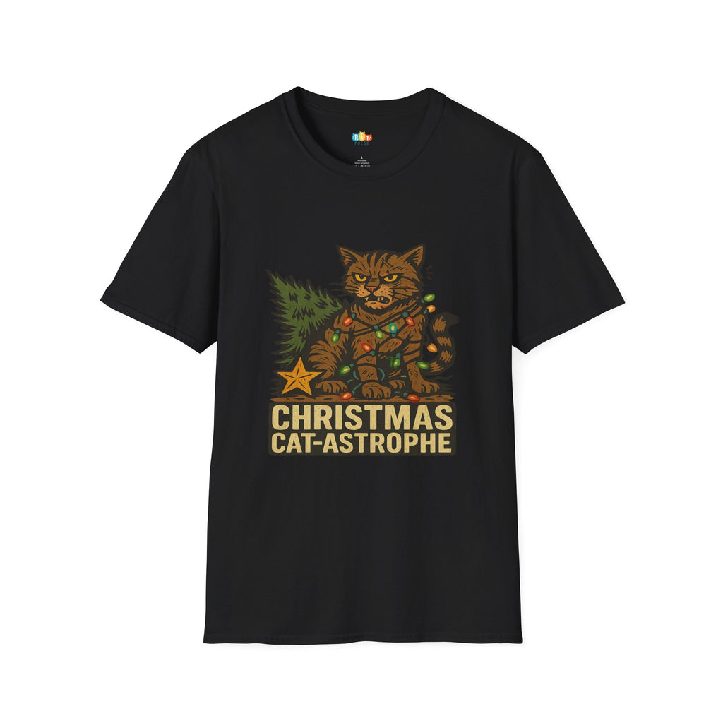 Christmas Cat-Astrophe T-Shirt - Funny Feral Cat Christmas Light Tangled Tree Destroyer Vintage Xmas Tee