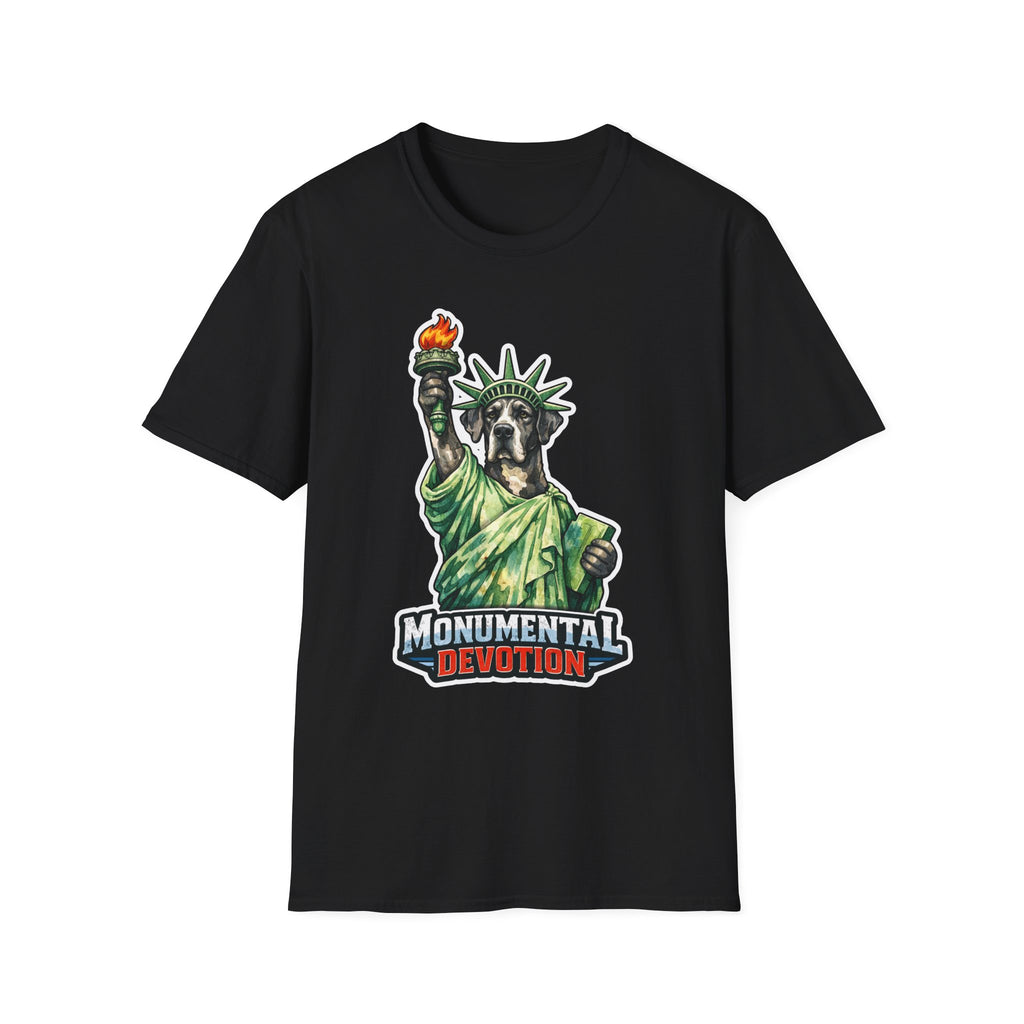Monumental Devotion Funny Great Dane Statue of Liberty T-Shirt | Lady Liberty Pups Collection by PetPulse