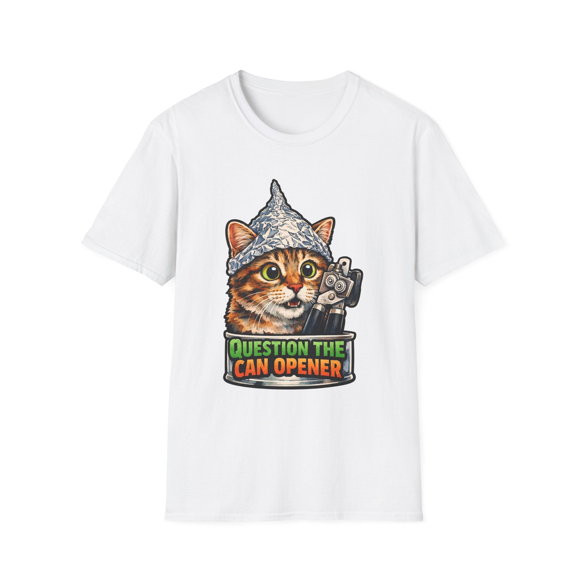 Question the Can Opener Funny Conspiracy Cat T-Shirt | Cat-Spiracy Theorist Series | Pet-Spiracy Theorist Collection by PetPulse