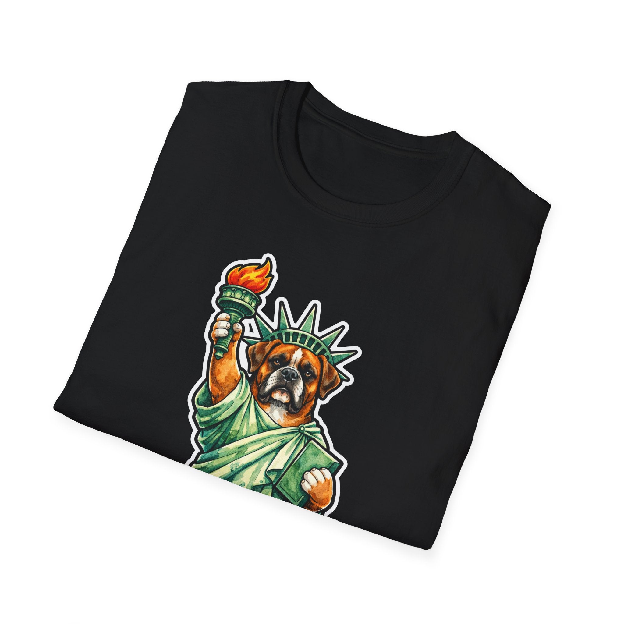 Defender of the Nation Funny Boxer Statue of Liberty T-Shirt | Lady Liberty Pups Collection by PetPulse