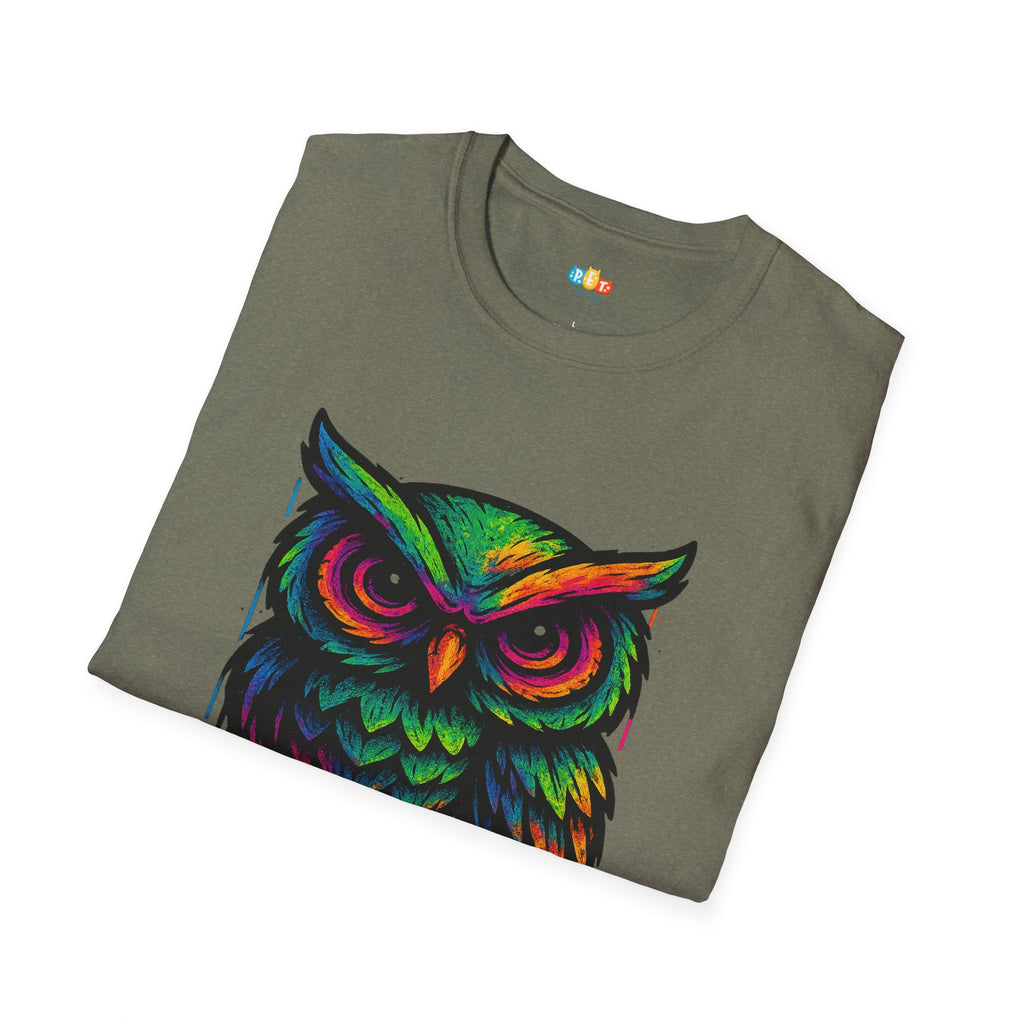 Late Night Artist Owl T-Shirt - Funny Rainbow Paint Splatter Creative Night Owl Graffiti Art Graphic Tee