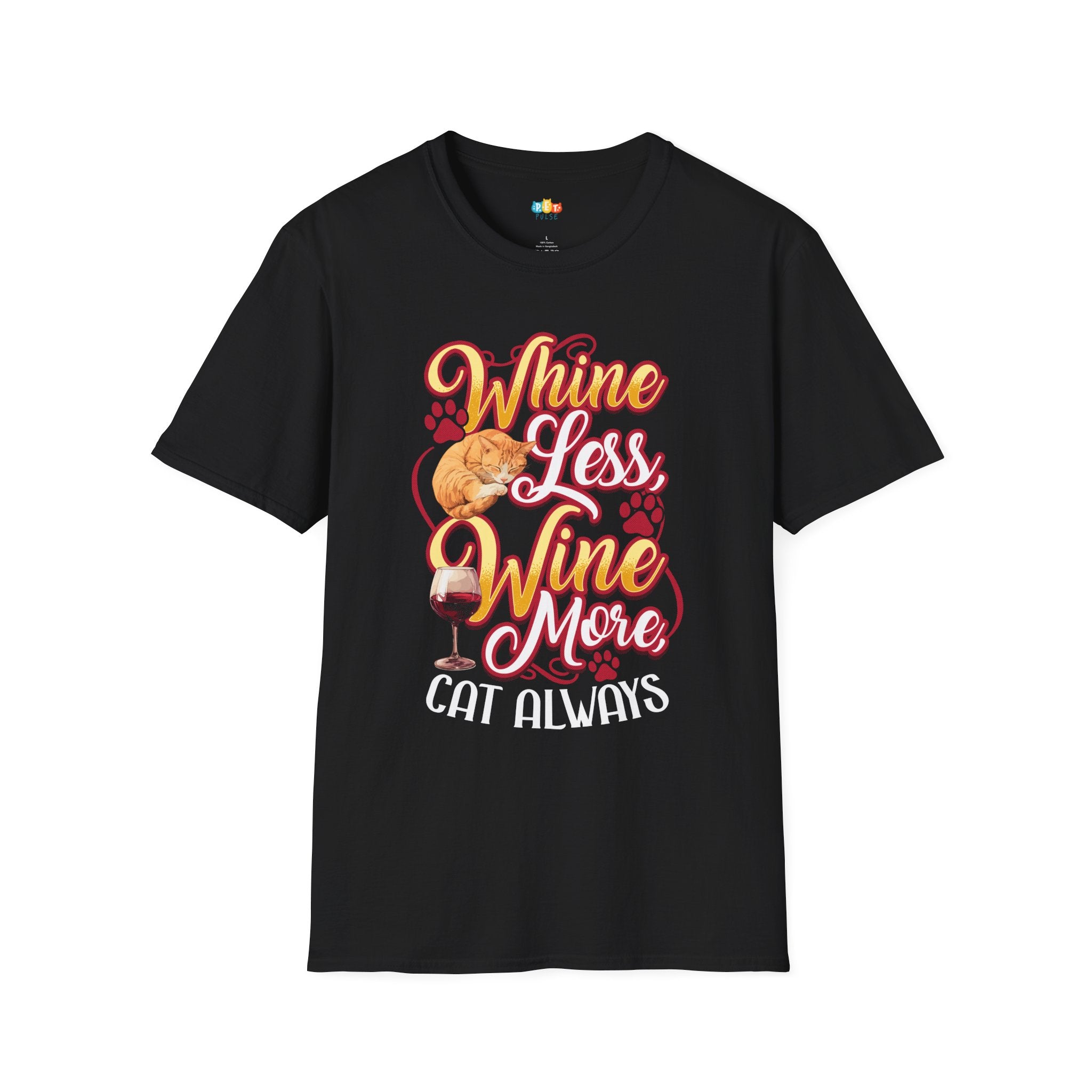 Whine Less Wine More T-Shirt - Funny Cat Wine Lover Positive Attitude Wine Time Cat Mom Graphic Tee