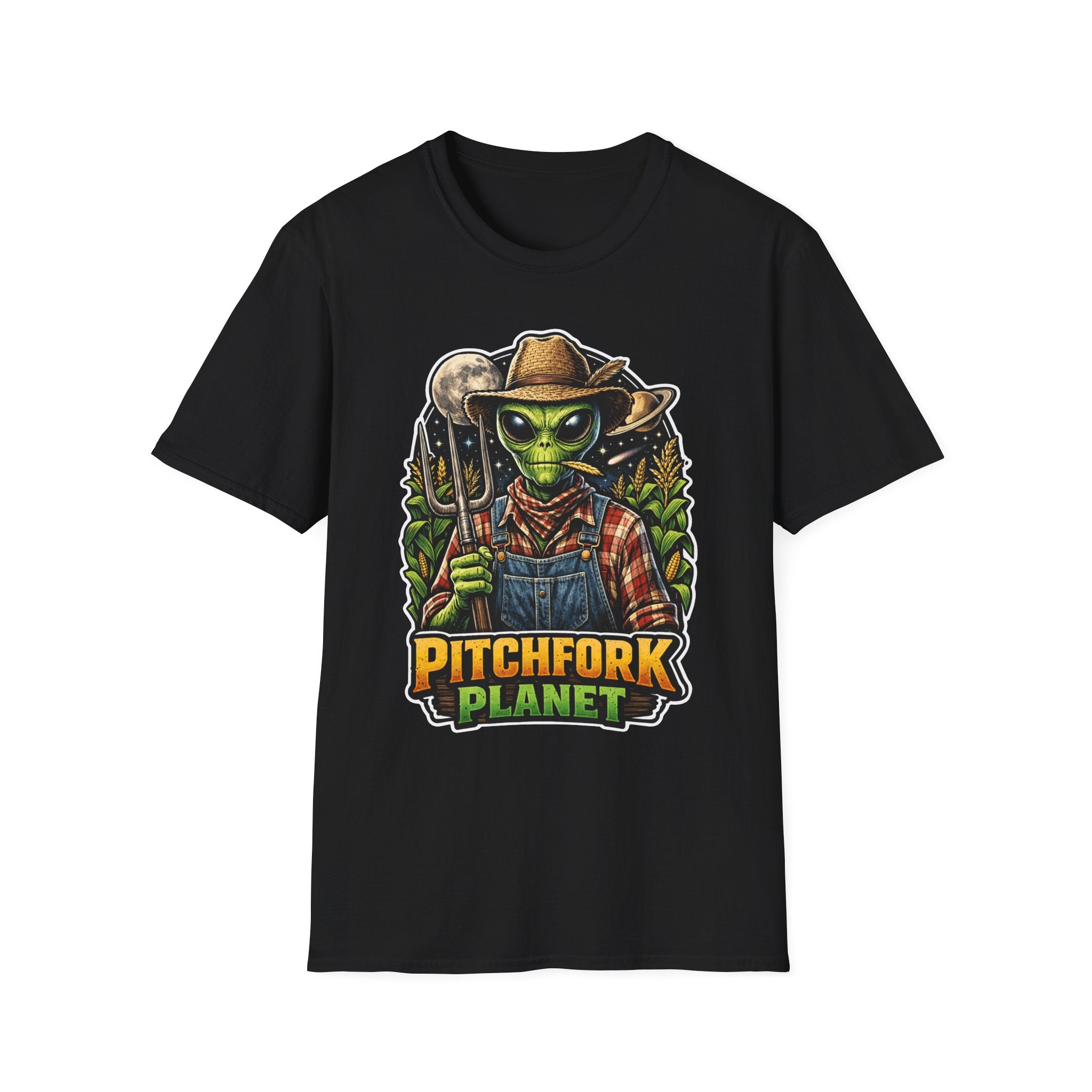 Pitchfork Planet Funny Alien Farmer T-Shirt | Cosmic Encounters Collection by PetPulse