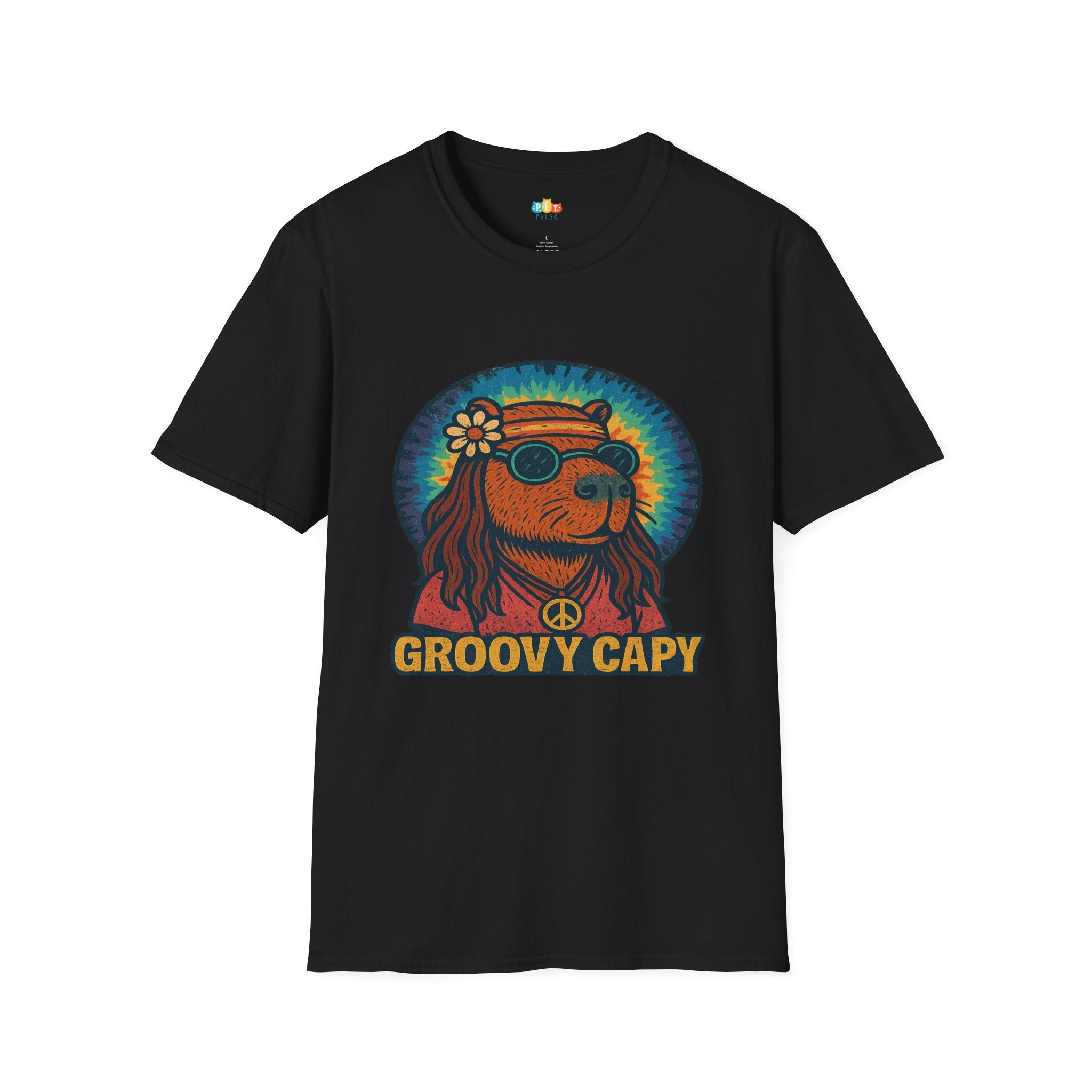 Groovy Capy Hippie Capybara T-Shirt - Funny Peace Sign Flower Power 60s Retro Tie Dye Vibes Graphic Tee