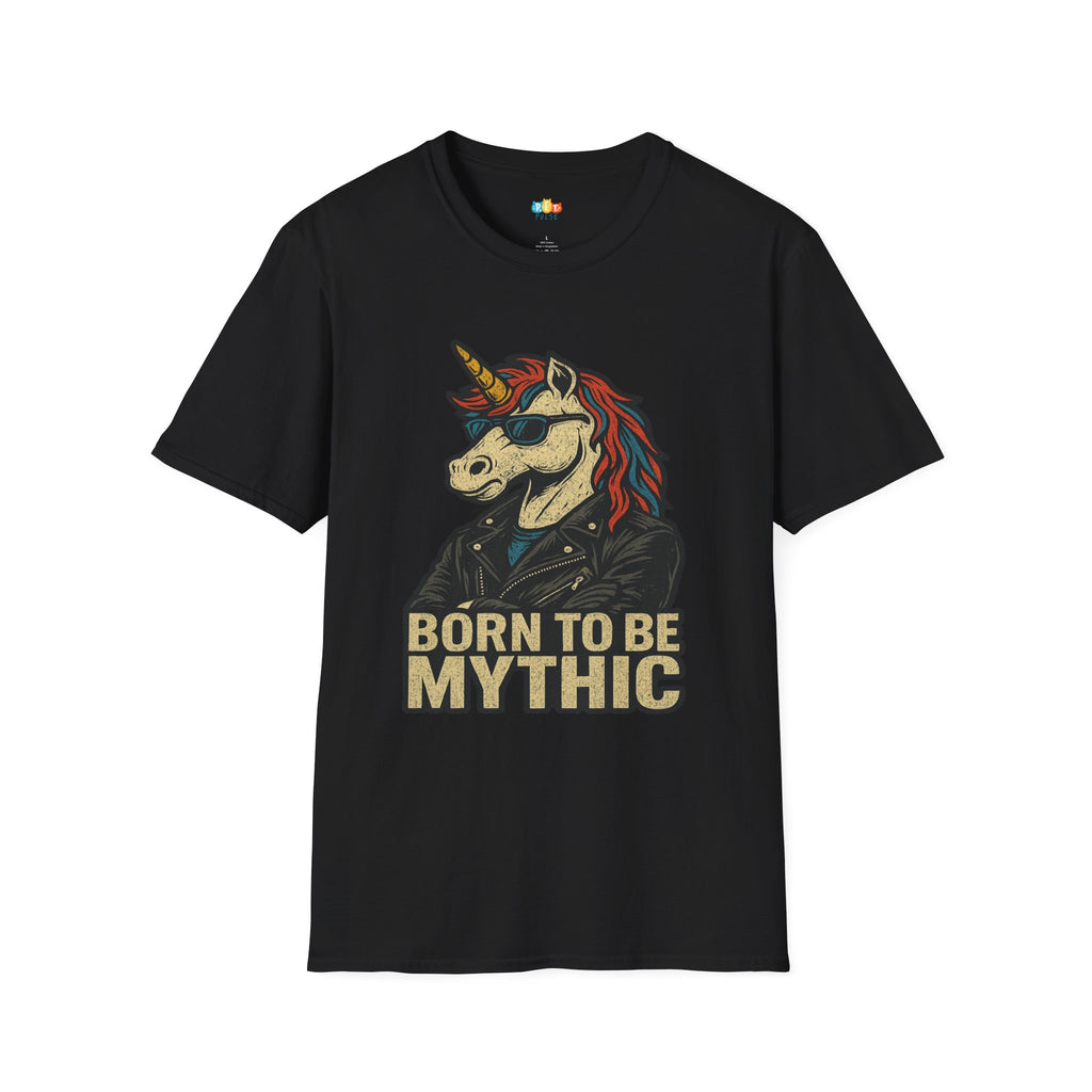 Born to Be Mythic Unicorn T-Shirt - Funny Cool Leather Jacket Biker Fantasy Magic Rebel Graphic Tee