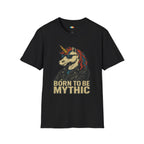 Born to Be Mythic Unicorn T-Shirt - Funny Cool Leather Jacket Biker Fantasy Magic Rebel Graphic Tee