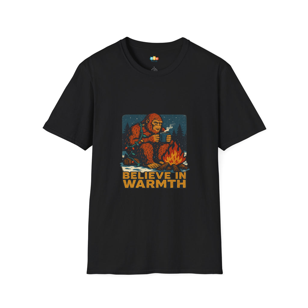 Believe In Warmth Bigfoot Christmas T-Shirt - Funny Holiday Sasquatch Campfire Coffee Winter Cryptid Tee
