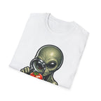 Probe the Produce Funny Alien Inspecting Tomato T-Shirt | Cosmic Encounters Collection by PetPulse