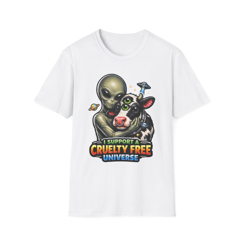 I Support a Cruelty Free Universe Funny Vegan Alien T-Shirt | Cosmic Encounters Collection by PetPulse
