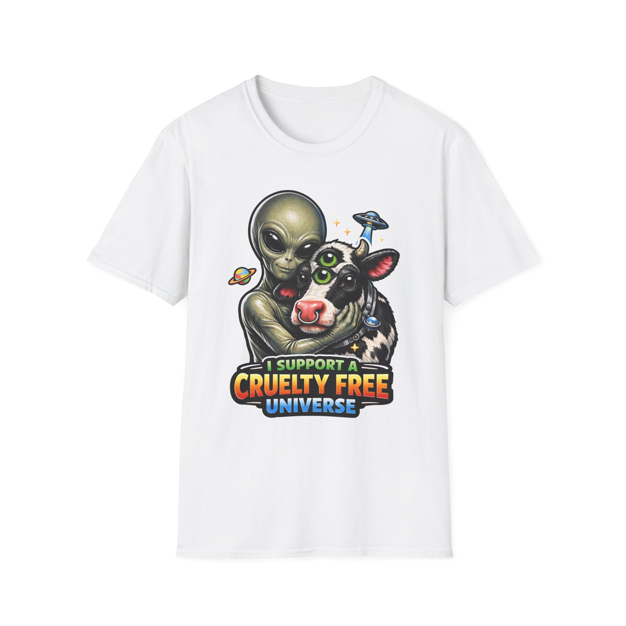 I Support a Cruelty Free Universe Funny Vegan Alien T-Shirt | Cosmic Encounters Collection by PetPulse
