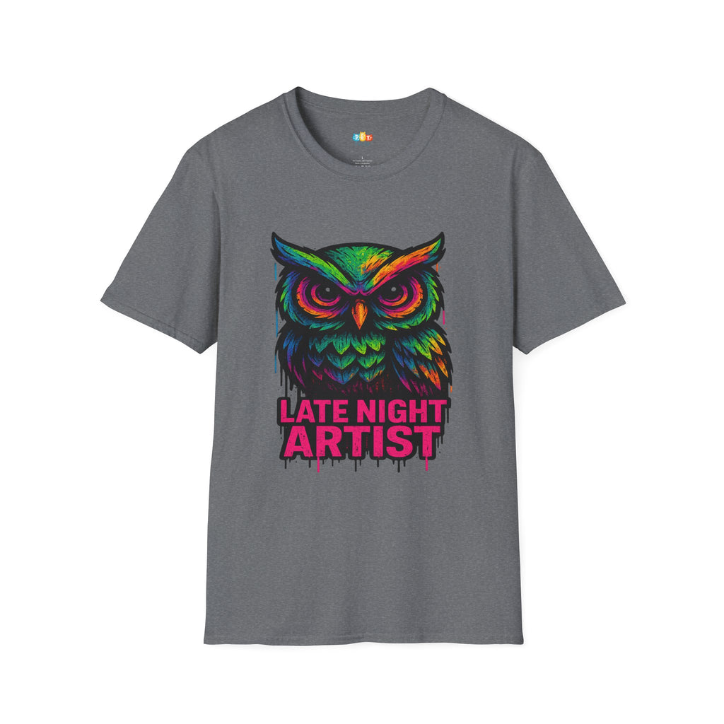 Late Night Artist Owl T-Shirt - Funny Rainbow Paint Splatter Creative Night Owl Graffiti Art Graphic Tee