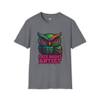 Late Night Artist Owl T-Shirt - Funny Rainbow Paint Splatter Creative Night Owl Graffiti Art Graphic Tee