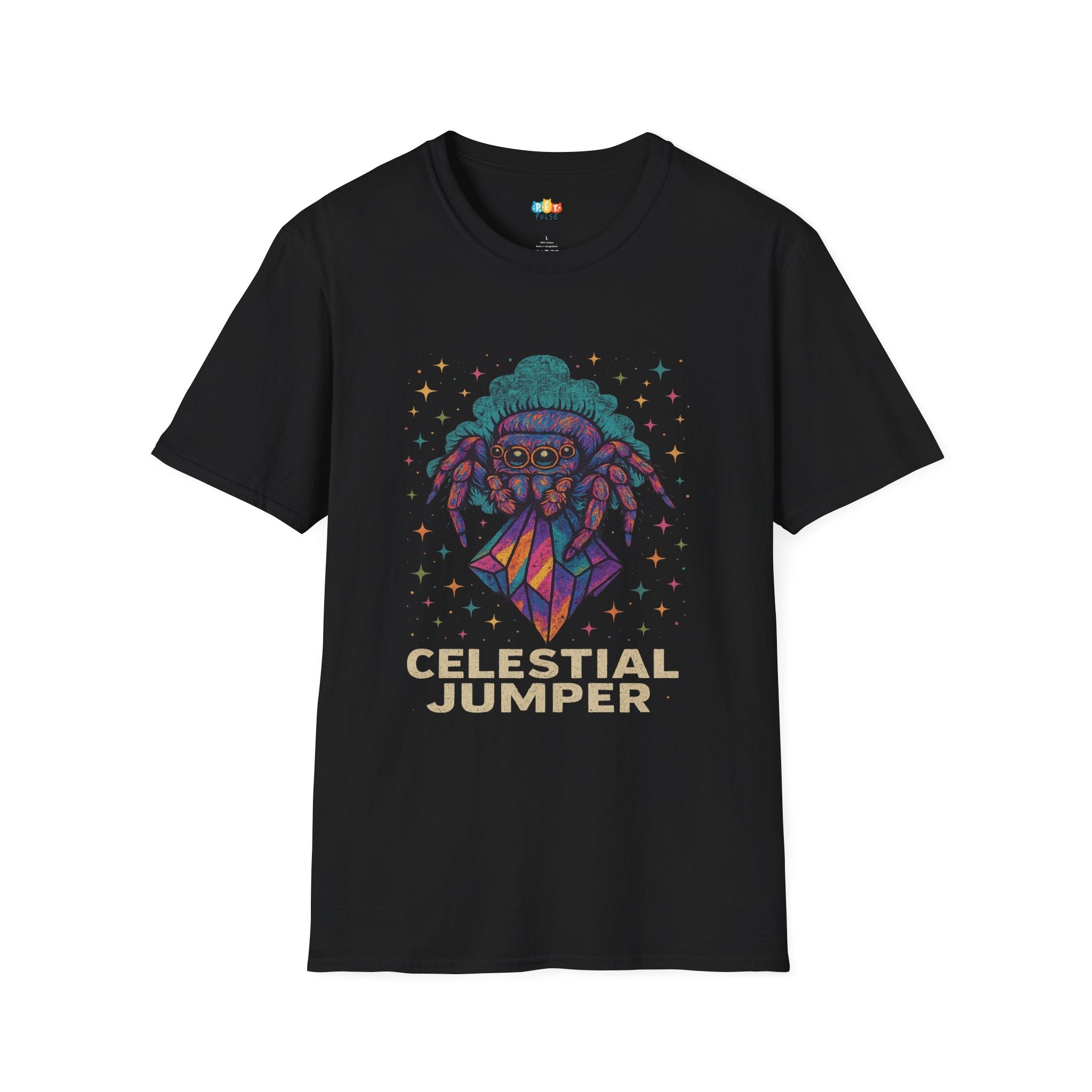 Celestial Jumper Spider T-Shirt - Funny Cosmic Jumping Spider Crystal Arachnid Pet Owner Gift Tee