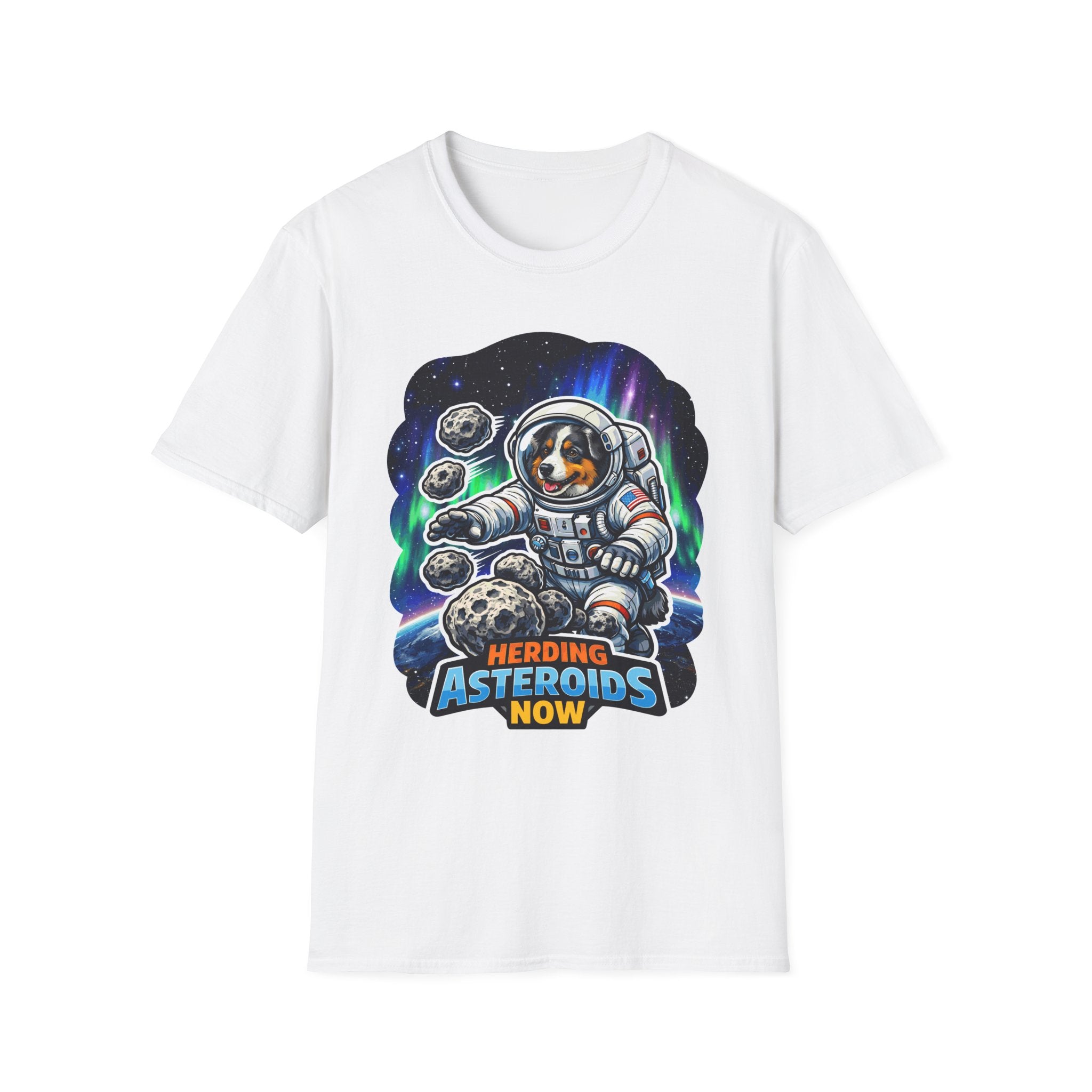 Herding Asteroids Now Funny Astronaut Australian Shepherd T-Shirt | Cosmic Encounters Collection by PetPulse