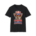 Barking for America Funny Uncle Sam Chihuahua T-Shirt | Patriotic Angry Chihuahua in Top Hat Graphic Tee | Uncle Sam Pups