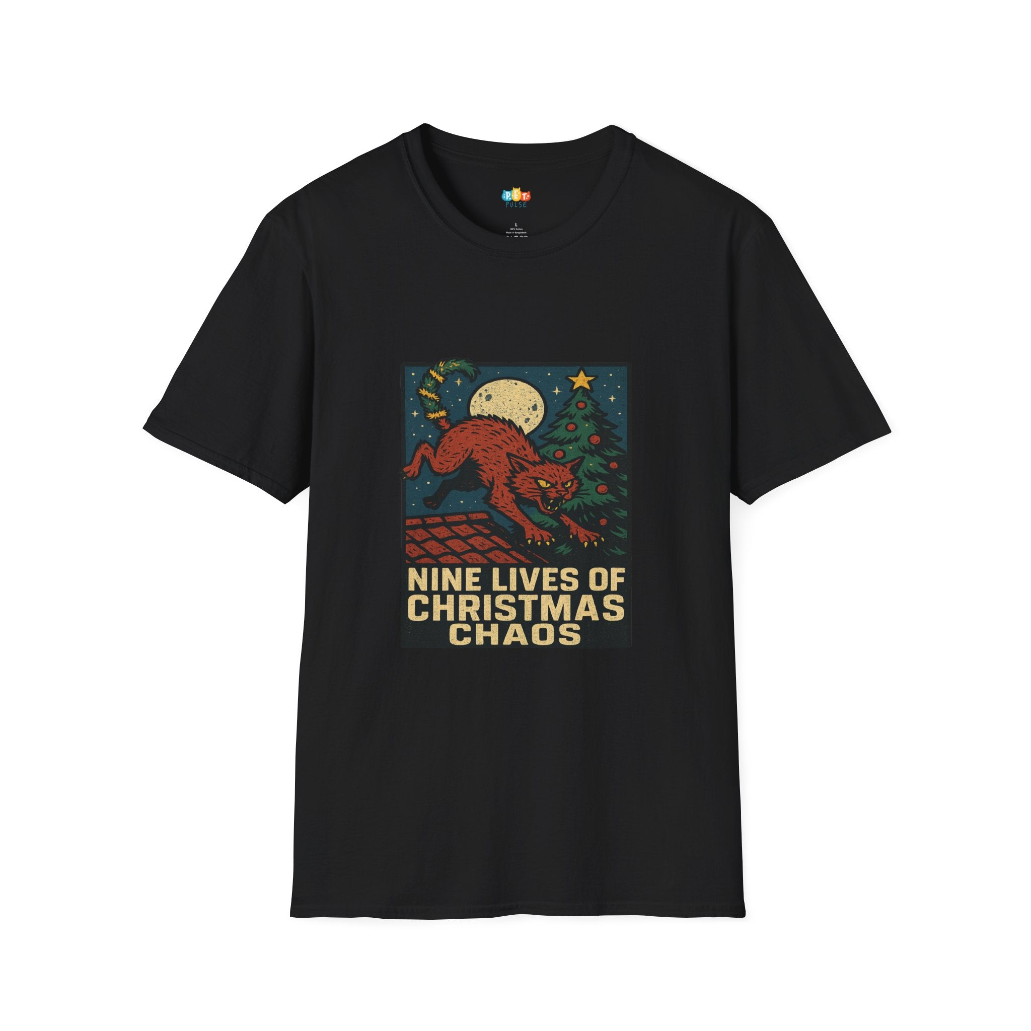 Nine Lives Of Christmas Chaos T-Shirt - Funny Feral Cat Christmas Tree Destroyer Vintage Rooftop Xmas Tee