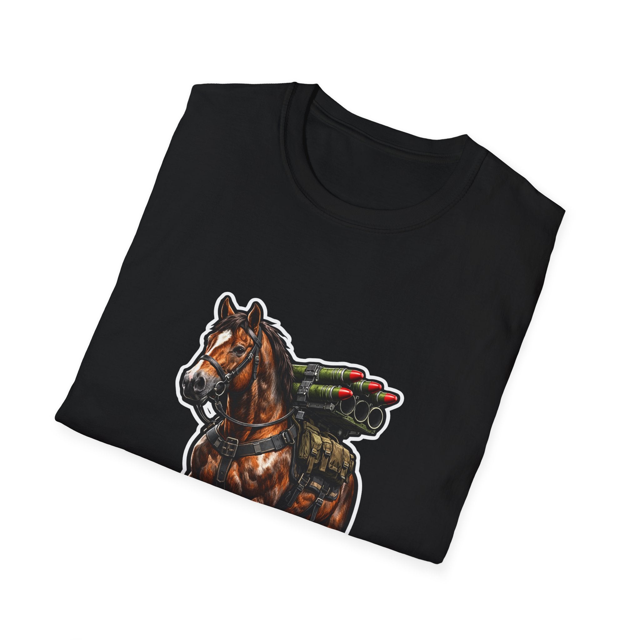Always Bet on Horsepower Action Hero Horse T-Shirt | Tactical Rocket Launcher Horse Graphic Tee | Mane Event Collection by PetPulse