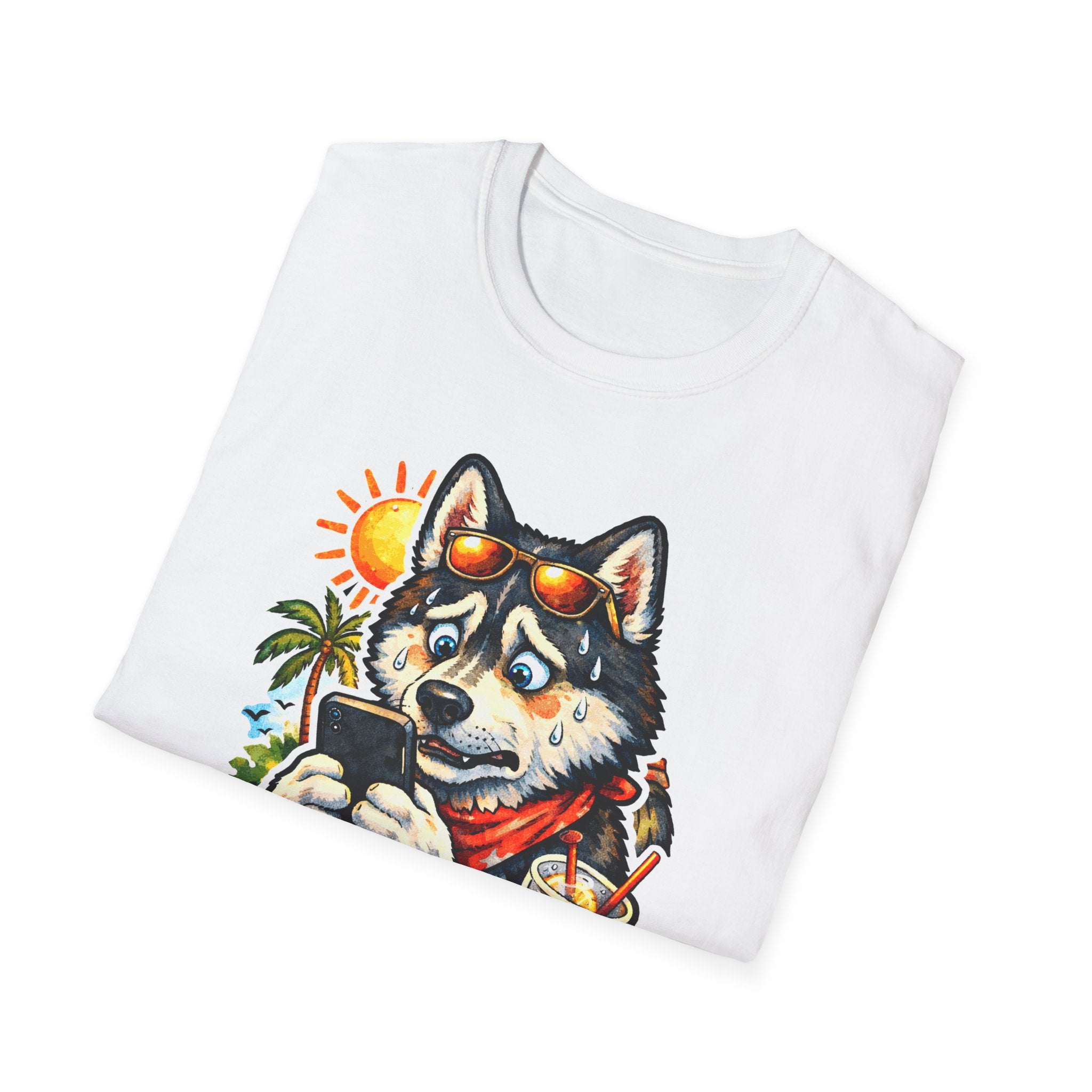 Doomscrolling Through the Dog Days of Summer Funny Husky T-Shirt | Tech Pack Collection by PetPulse