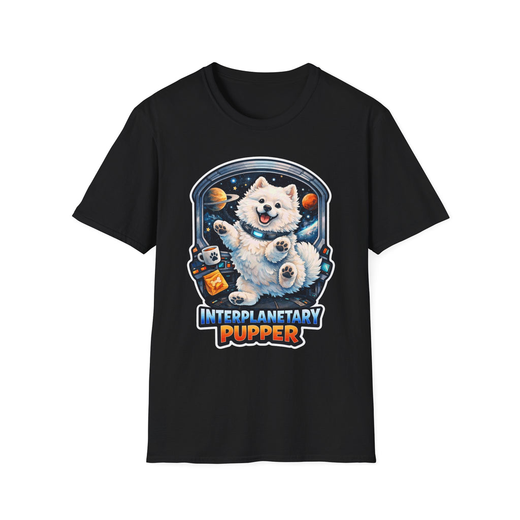 Interplanetary Pupper Funny Samoyed Zero Gravity Space T-Shirt | Cosmic Encounters Collection by PetPulse