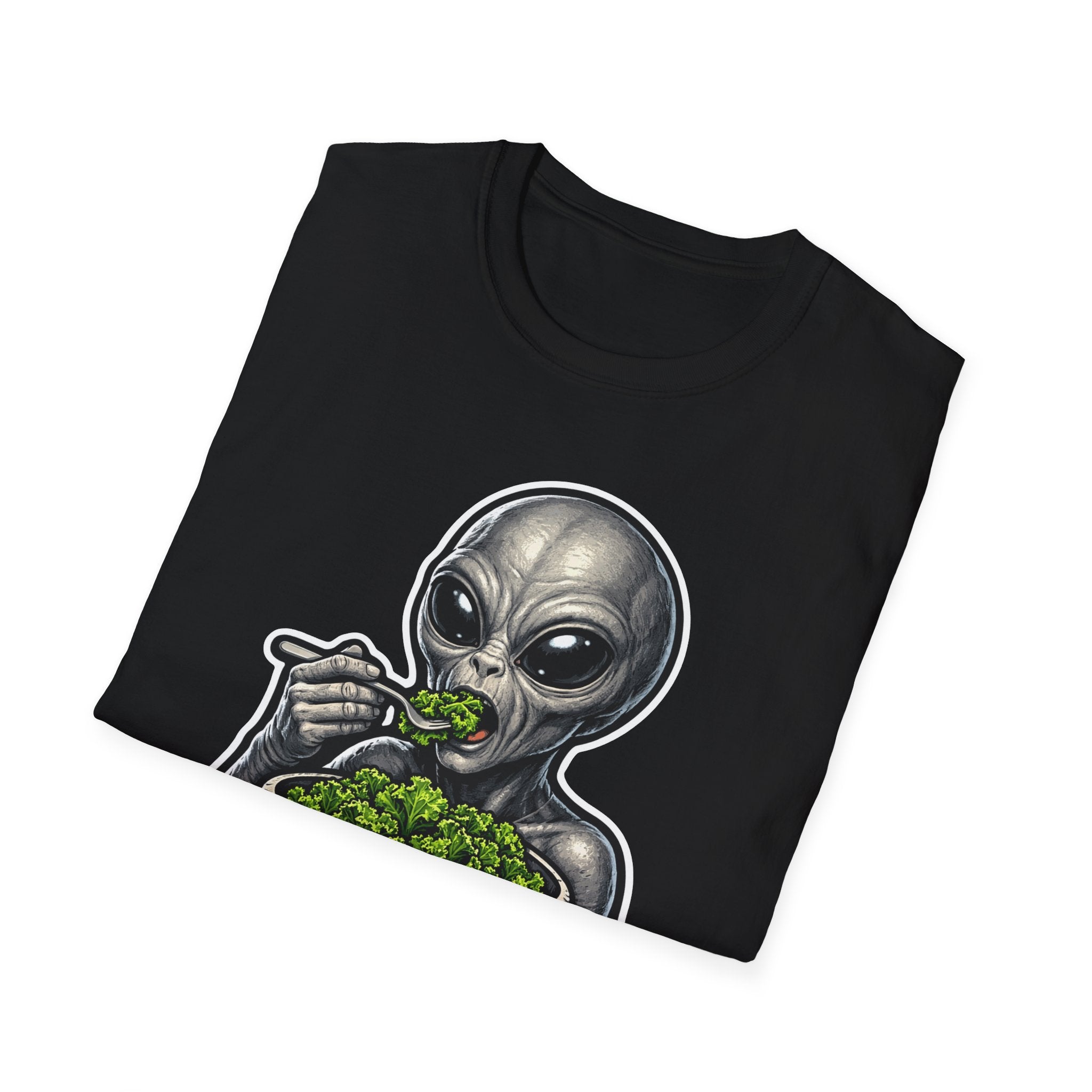 Leafy Lunar Lunch Funny Alien Eating Kale from Moon Bowl T-Shirt | Cosmic Encounters Collection by PetPulse