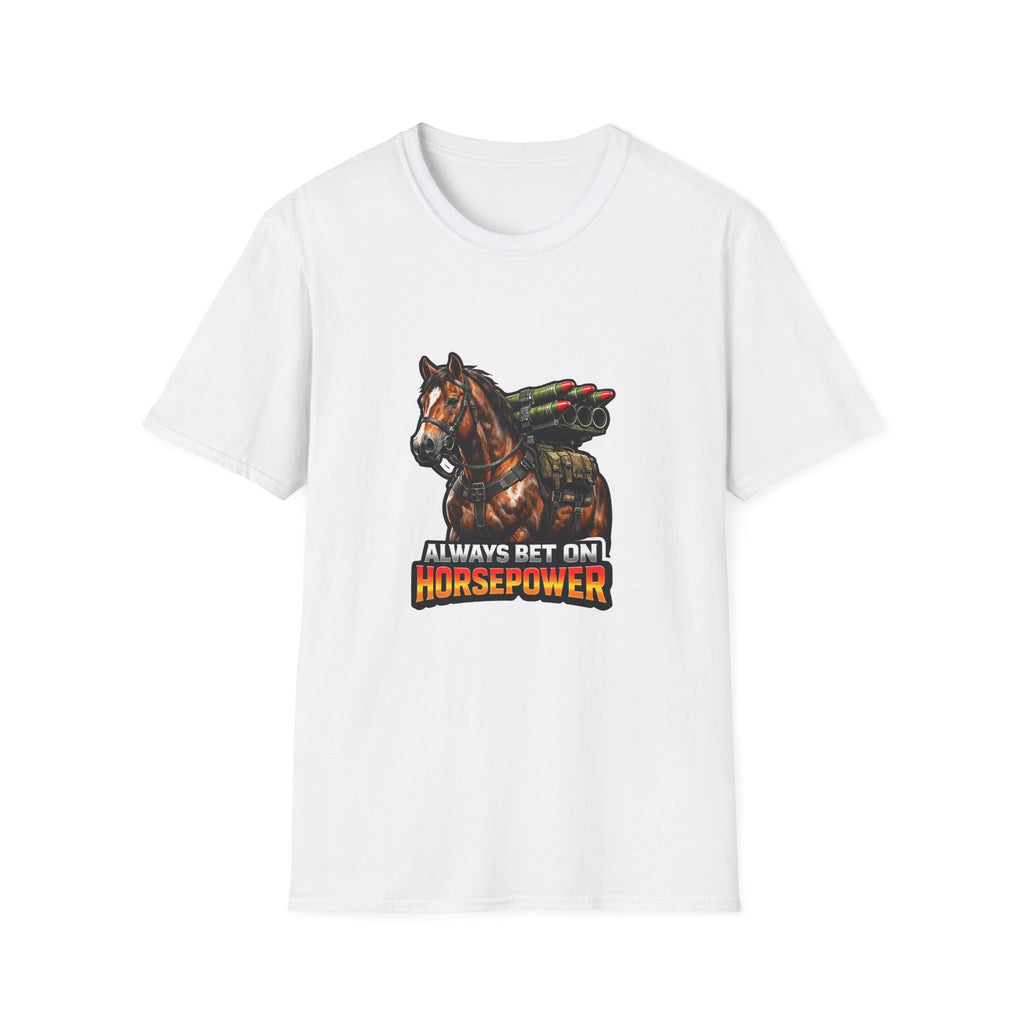 Always Bet on Horsepower Action Hero Horse T-Shirt | Tactical Rocket Launcher Horse Graphic Tee | Mane Event Collection by PetPulse