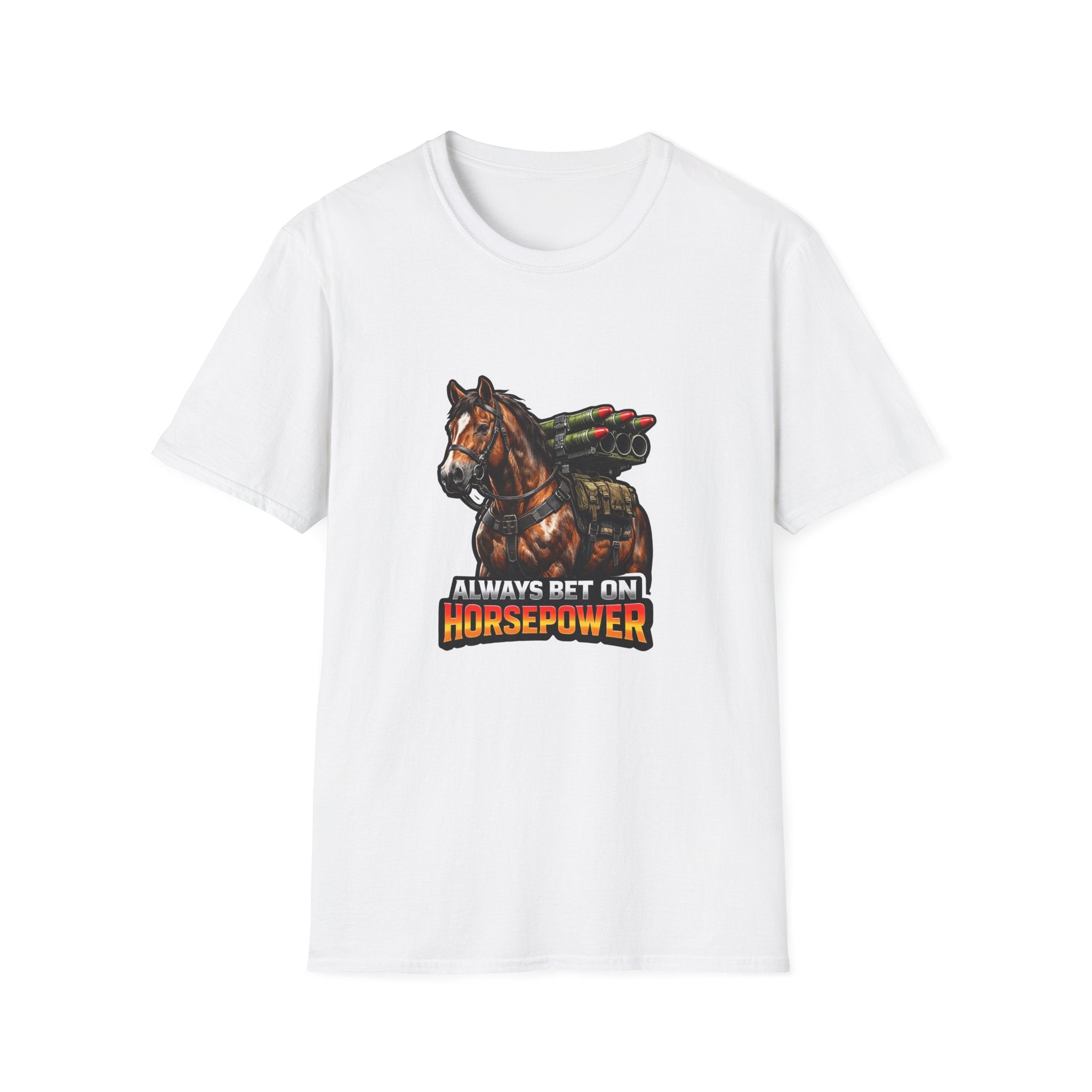 Always Bet on Horsepower Action Hero Horse T-Shirt | Tactical Rocket Launcher Horse Graphic Tee | Mane Event Collection by PetPulse