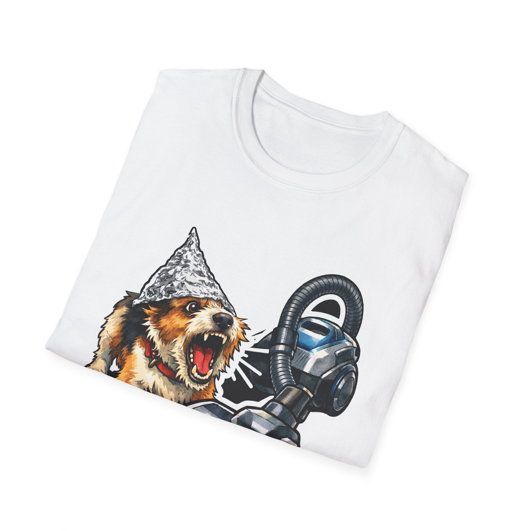 The Vacuum Is Listening Funny Conspiracy Terrier Mix T-Shirt | Pet-Spiracy Theorist Collection by PetPulse