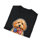 Man's Best Freedom Lover Patriotic Goldendoodle T-Shirt | Patriotic Doodle American Flag Bow Tie Graphic Tee | Uncle Sam Pups