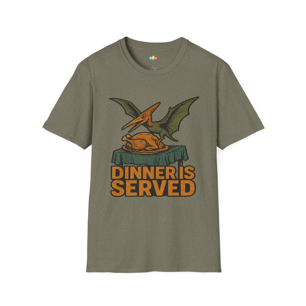 Dinner Is Served Pterodactyl Thanksgiving T-Shirt - Funny Flying Dinosaur Turkey Day Prehistoric Holiday Feast Tee