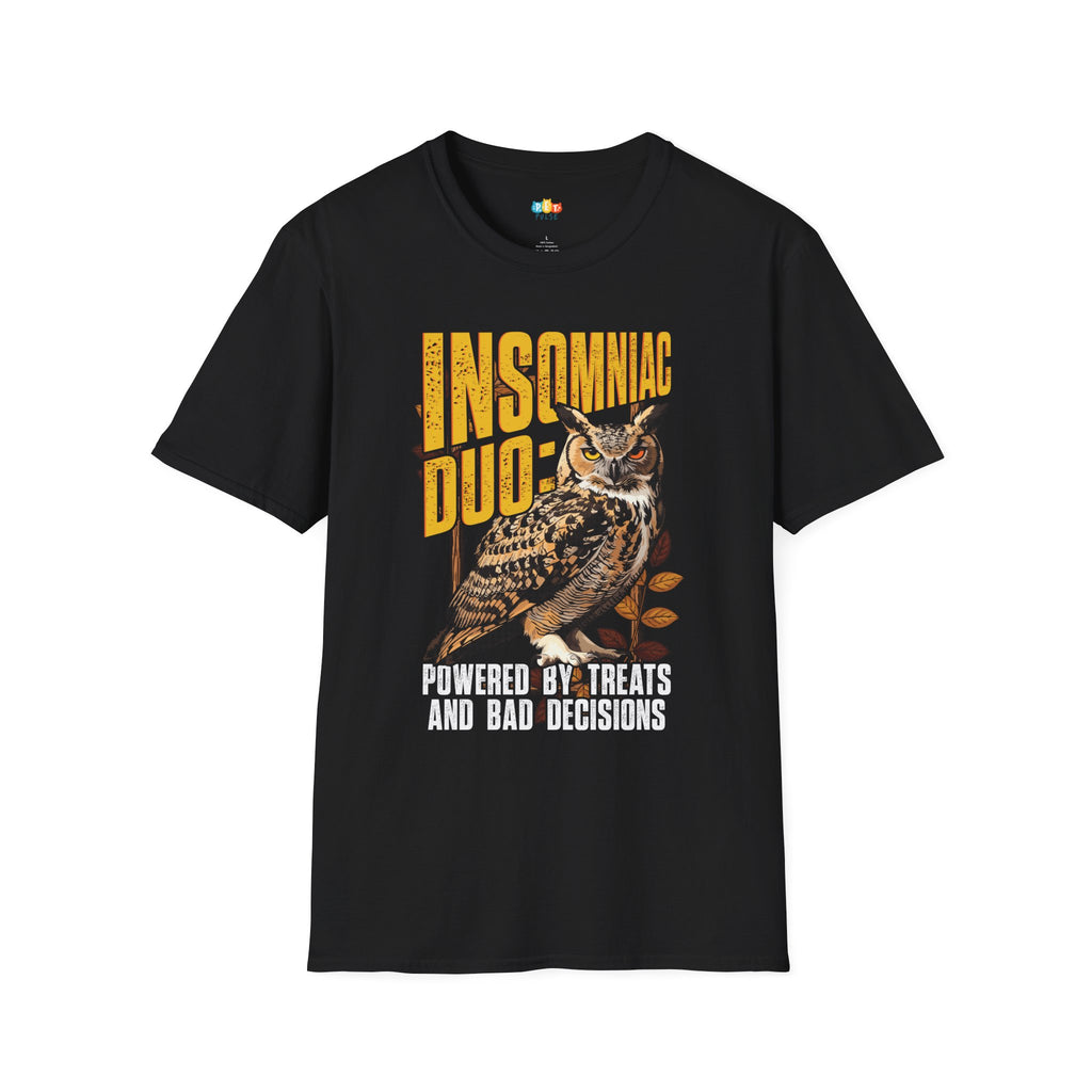 Insomniac Duo Powered By Treats And Bad Decisions T-Shirt - Funny Owl Night Owl Sleep Humor Tee