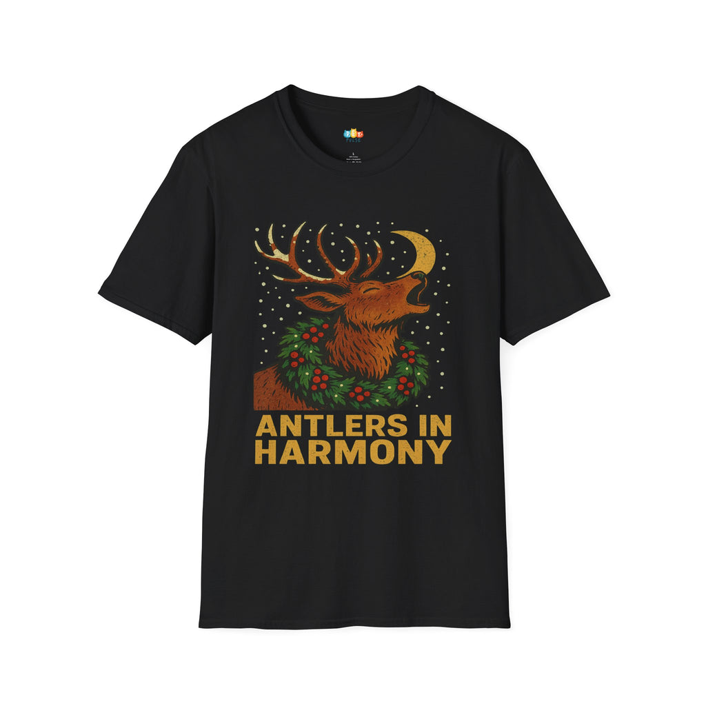 Antlers In Harmony Christmas T-Shirt - Vintage Woodland Deer Caroler Holiday Holly Wreath Moon Xmas Tee