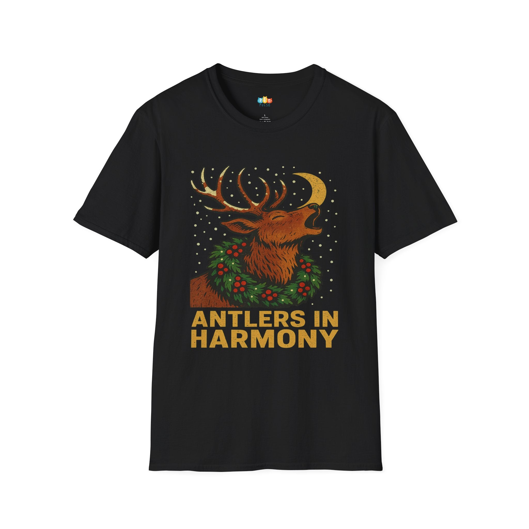 Antlers In Harmony Christmas T-Shirt - Vintage Woodland Deer Caroler Holiday Holly Wreath Moon Xmas Tee