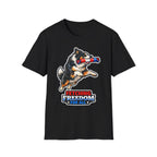 Fetching Freedom For All Patriotic Border Collie T-Shirt | Tri-Color Collie Firecracker Tug Toy Graphic Tee | Uncle Sam Pups