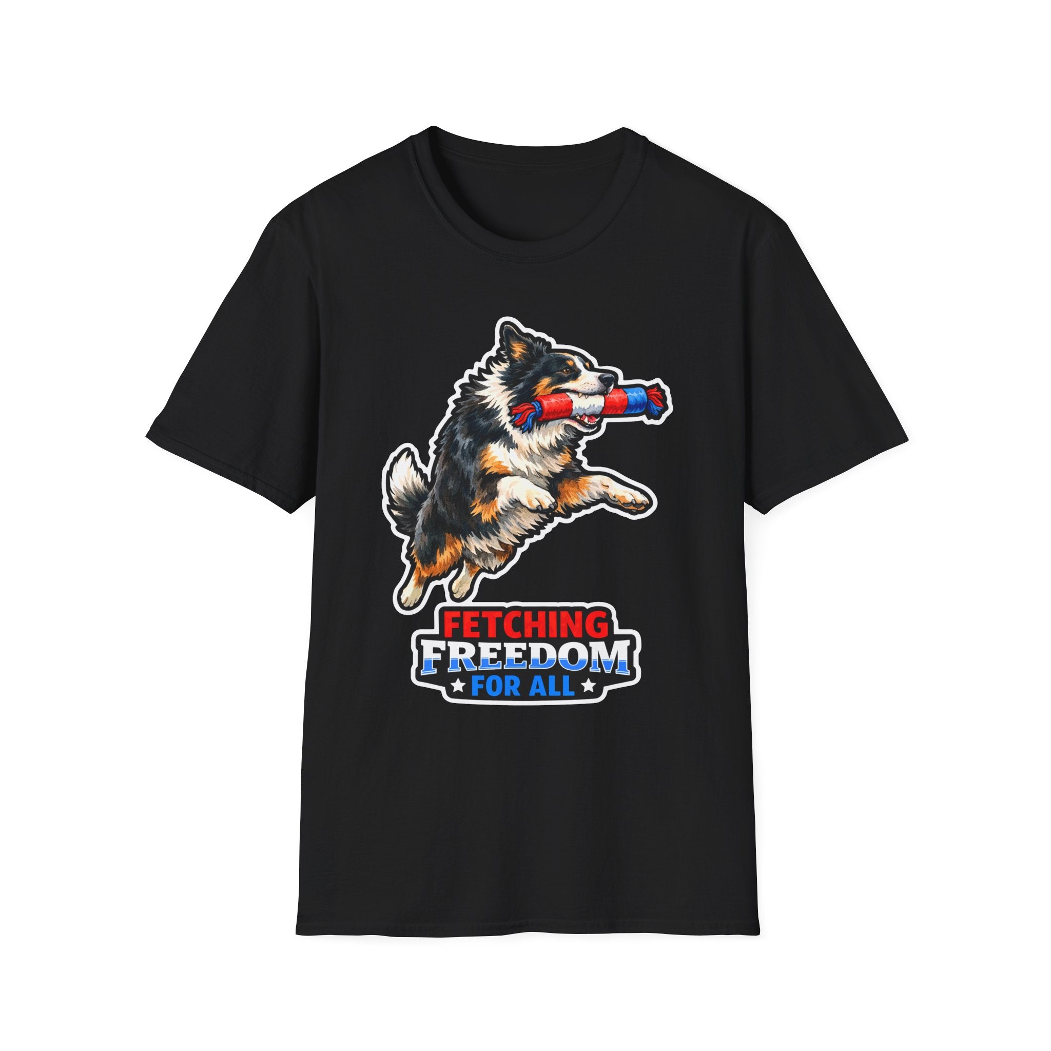 Fetching Freedom For All Patriotic Border Collie T-Shirt | Tri-Color Collie Firecracker Tug Toy Graphic Tee | Uncle Sam Pups