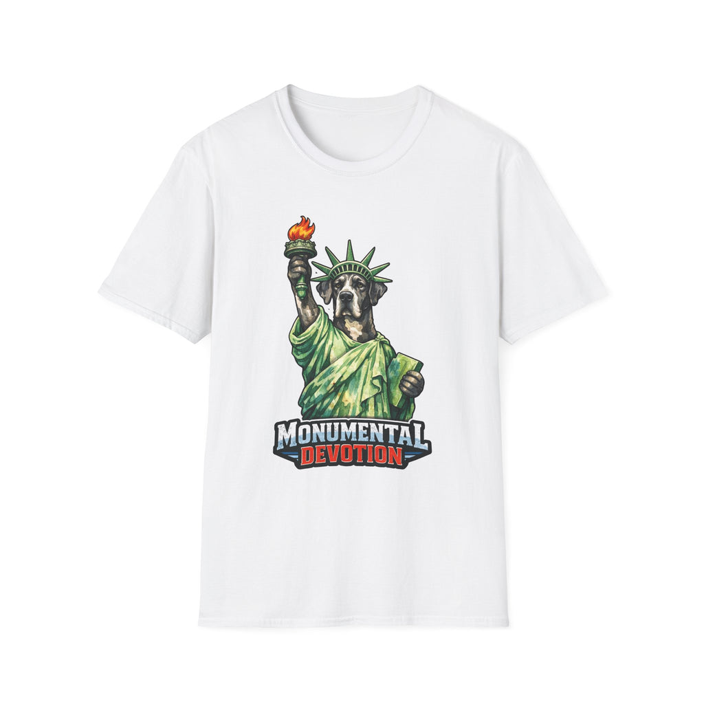 Monumental Devotion Funny Great Dane Statue of Liberty T-Shirt | Lady Liberty Pups Collection by PetPulse