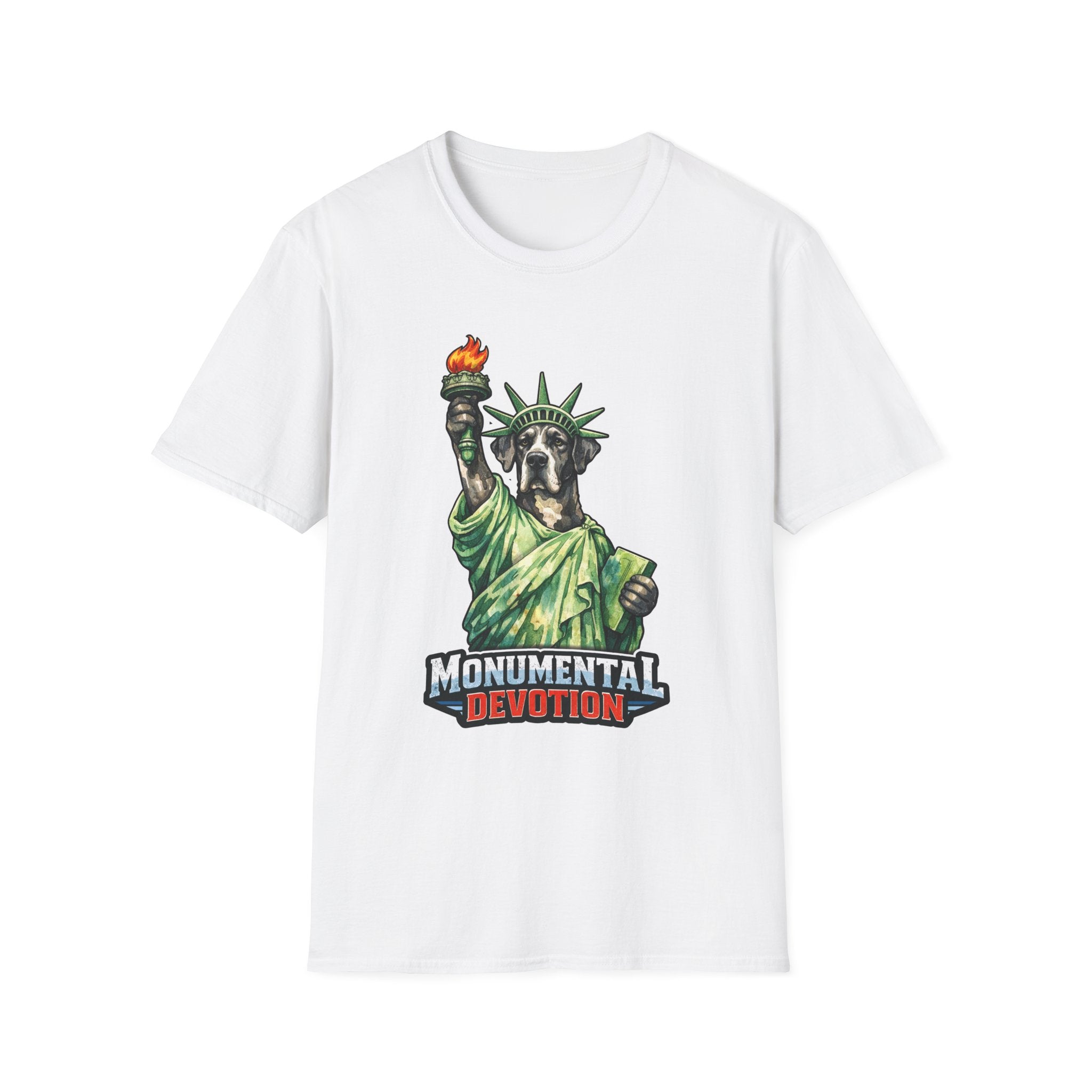 Monumental Devotion Funny Great Dane Statue of Liberty T-Shirt | Lady Liberty Pups Collection by PetPulse